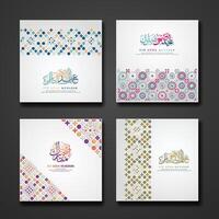 Set Eid Adha Mubarak Greeting design with ornamental colorful detail of floral mosaic islamic art ornament vector