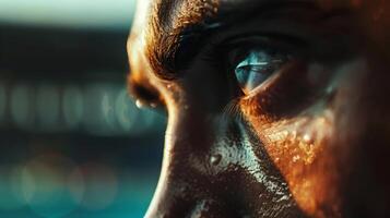 Close-Up of Para Athlete's Determined Gaze with Sweat Droplets Highlighting Intense Focus, Perfect for Motivation and Sports Themes photo