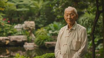 Elderly man by pond enjoying natural landscape and leisure photo
