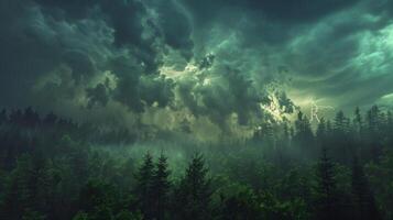 Cloudy sky casts shadows over a dark forest, creating an eerie atmosphere photo