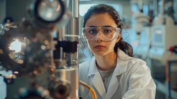 un mujer en personal protector equipo trabajos en un máquina en un laboratorio foto