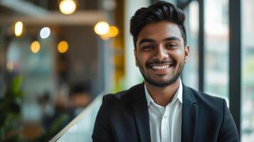 Business Professional Smiling Confidently in Modern Office Setting - Ideal for Corporate and Stock Photography photo