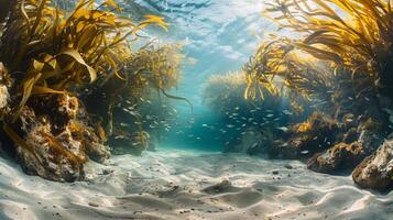 Underwater landscape with coral reef, seaweed, and fish under the sunlight photo