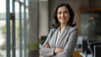 profesional mujer de negocios posando en moderno oficina, diverso corporativo configuración, confidente liderazgo y carrera éxito tema, diseño para imprimir, póster foto