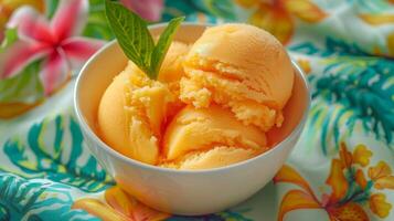 A bowl of orange gelato with fresh mint leaves on a table photo