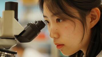 a woman is looking through a microscope in a laboratory photo