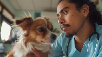 Veterinarian examining small dog, checking its ears and fur for any issues photo