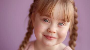 A happy little girl with pigtails is smiling and looking at the camera photo