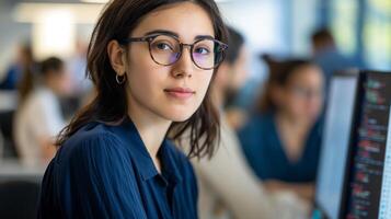 A woman with black hair and wearing glasses is working on a computer monitor photo