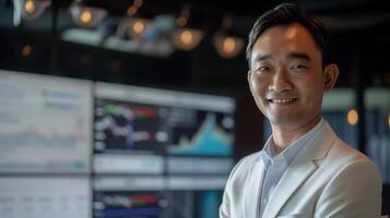 Asian Businessman in Front of Financial Screens photo