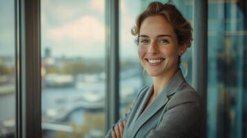 confidente mujer de negocios en oficina con vista a paisaje urbano, profesional configuración, diversidad en negocio, corporativo ambiente, sonriente mujer foto