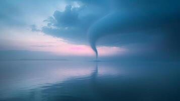 A cloud of water and liquid rises from the ocean, forming a tornado at sunset photo