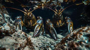 A group of lobsters, arthropods, swim together in the water photo