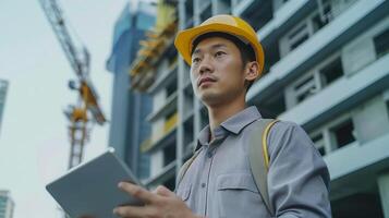 A construction worker in helmet using tablet near building under construction photo