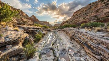 River flows through canyon with rocks, trees, and grassy highlands photo