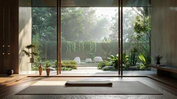 interior diseño yoga estera en el habitación con un lleno de árboles ver desde grande ventana foto
