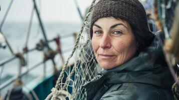 Woman with a fishing net on a boat, freezing but smiling with eyelashes batting photo