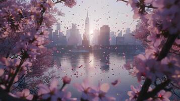 City skyline peeks through cherry blossom tree branches photo