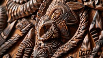 Detailed bird wood carving displayed on wall, showcasing ancient art and history photo