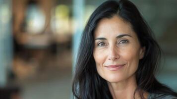 Woman with long black hair is smiling with layered hair for the camera photo