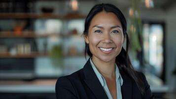 profesional asiático mujer de negocios sonriente en moderno oficina ambiente, Perfecto para corporativo y negocio temas foto