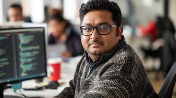 A man in eyewear sits at a desk with a computer monitor photo