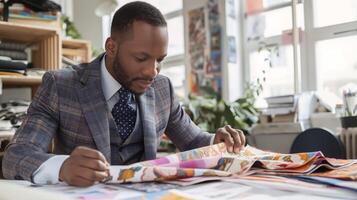 A man in a suit is examining fabric samples at the building table photo