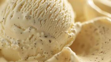 macro fotografía de un cucharón de vainilla hielo crema en un cuenco foto