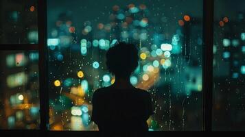 contemplativo silueta a noche, japonés paisaje urbano, fotografía para ánimo, carteles, impresión diseño foto