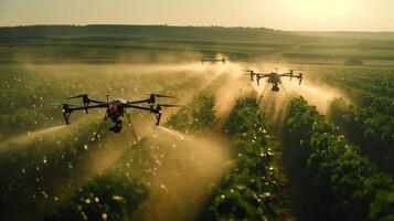Drones spraying plants in the grassland under the open sky photo