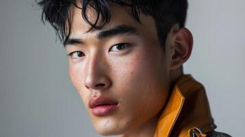 Close up of a young man with black hair, a smile, and wearing a jacket photo