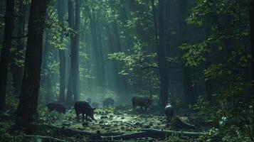 Deer graze in a temperate broadleaf forest among trees and grass photo