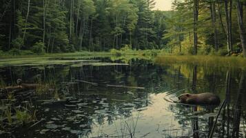 A beaver swims in a lake among trees in a natural landscape photo