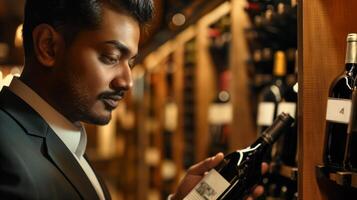 Man in formal wear and beard looks at a bottle on shelf in wine cellar photo