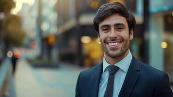 Professional Businessman Smiling on City Street, Hispanic Heritage, Young Professional for Corporate Use photo