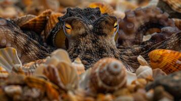 A cephalopod sits atop a mound of shells in the ocean photo