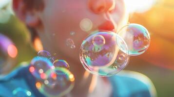 A young boy is having fun blowing soap bubbles in the air photo