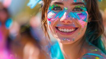 un mujer, con eléctrico azul pintar en su rostro, es sonriente felizmente a el cámara foto