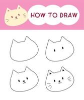 How to draw cat face cartoon step by step for learning, kid, education, coloring book. illustration vector