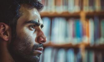 barbado hombre navega estante para libros en biblioteca, admirativo publicaciones foto