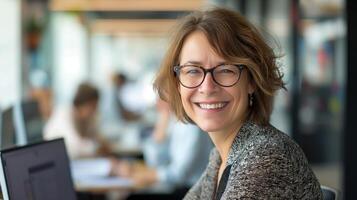 Professional Woman Smiling in Modern Office, Focus on Confidence and Success, Business Environment, Workplace Diversity photo