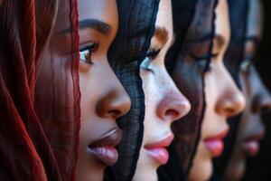 Portrait of different women. Interracial beauty and model group with girls in headscarves. photo