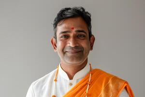 Cheerful indian man in traditional clothes on gray background photo