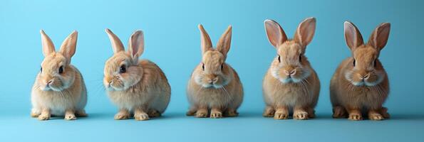 Banner with five cute rabbits on blue background photo
