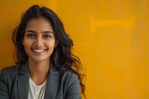 Indian business woman smiling on yellow background photo