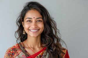 Smiling indian woman in a bright sari photo