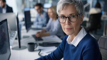 un mujer con lentes trabajos a un escritorio en un Ingenieria oficina foto