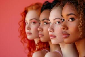 Group of different ethnicity women on a bright background photo