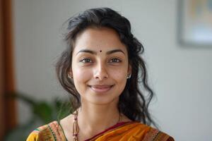 Young indian woman in a bright sari smiling photo