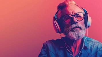 An elderly man in a denim shirt and glasses listens to music on headphones on a bright background photo